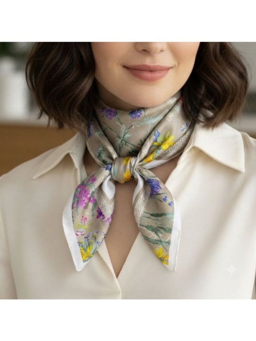 ⭐Elegant Silky Square Scarf Beige Gray Botanical Wildflower Print headband Hijab